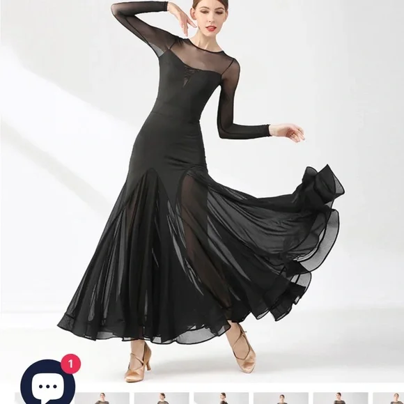 Dance & Sway Black Ballroom Dance Dress Size Large Full Skirt Sheer Long Sleeve - Picture 13 of 15